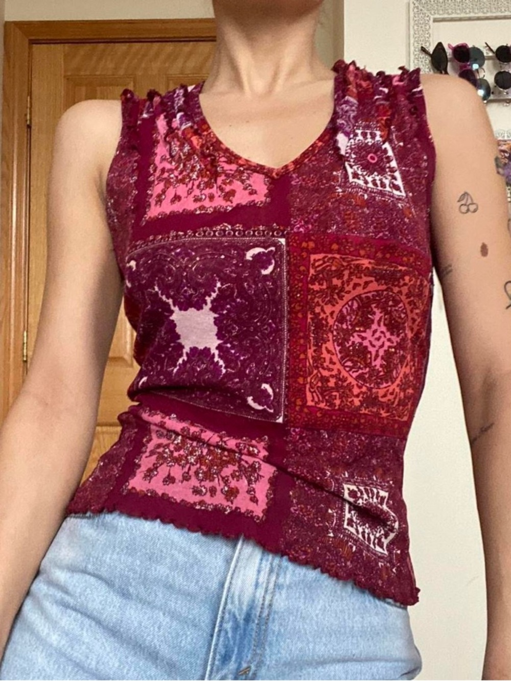 Vintage Patchwork Boho Tank Top in Burgundy and Pink & Lettuce Hem